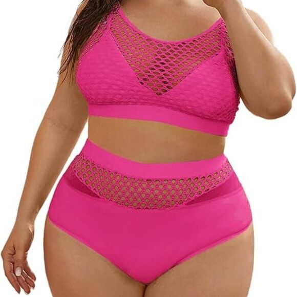 Plus Size Fishnet High Waist Bikini Set Hot Pink - Picture 1 of 11